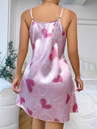 Kadın Pembe Saten Askılı fuşya kalp Desen baskılı Gecelik 2217