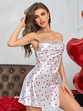 Kadın Beyaz Fuşya Kalp Desenli saten Gecelik 2219