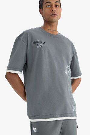 DeFactoFit NBA Brooklyn Nets Oversize Geniş Kalıp Bisiklet Yaka Kısa Kollu Tişört D8610AX25SPGR311