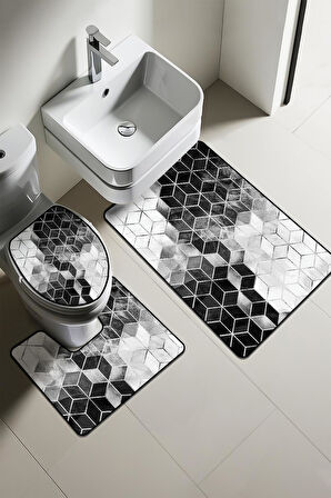 Modern Desenli Dijital Baskı 3’lü Banyo Paspas Takımı Yıkanabilir Kaymaz Tabanlı Klozet Takımı KLZ0002