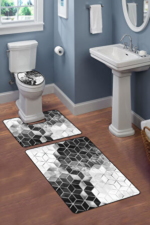 Modern Desenli Dijital Baskı 3’lü Banyo Paspas Takımı Yıkanabilir Kaymaz Tabanlı Klozet Takımı KLZ0002
