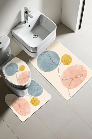 Modern Desenli Dijital Baskı 3’lü Banyo Paspas Takımı Yıkanabilir Kaymaz Tabanlı Klozet Takımı KLZ0005