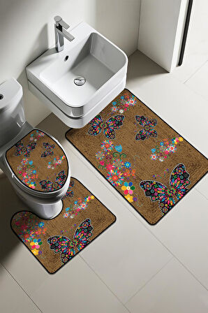 Modern Desenli Dijital Baskı 3’lü Banyo Paspas Takımı Yıkanabilir Kaymaz Tabanlı Klozet Takımı KLZ0010