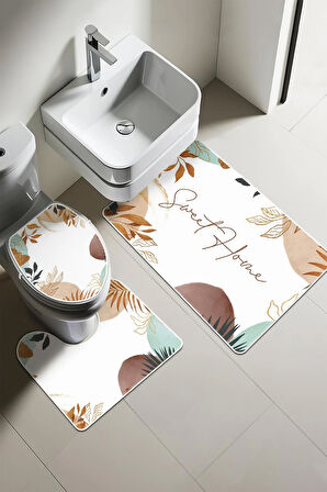 Modern Desenli Dijital Baskı 3’lü Banyo Paspas Takımı Yıkanabilir Kaymaz Tabanlı Klozet Takımı KLZ0022