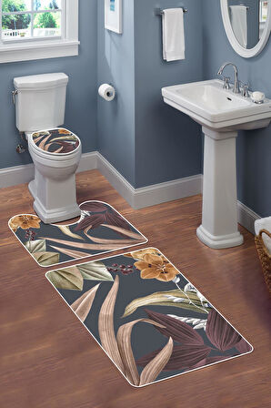 Modern Desenli Dijital Baskı 3’lü Banyo Paspas Takımı Yıkanabilir Kaymaz Tabanlı Klozet Takımı KLZ0024