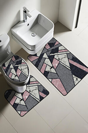 Modern Desenli Dijital Baskı 3’lü Banyo Paspas Takımı Yıkanabilir Kaymaz Tabanlı Klozet Takımı KLZ0026