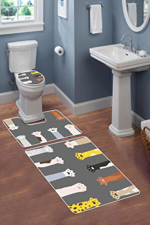 Modern Desenli Dijital Baskı 3’lü Banyo Paspas Takımı Yıkanabilir Kaymaz Tabanlı Klozet Takımı KLZ0027