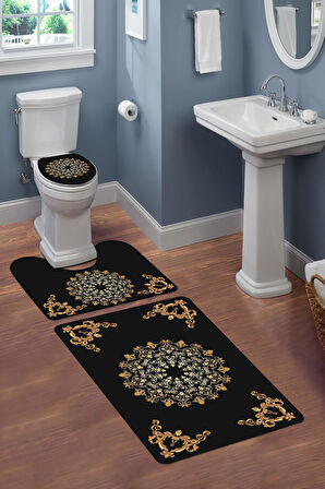 Modern Desenli Dijital Baskı 3’lü Banyo Paspas Takımı Yıkanabilir Kaymaz Tabanlı Klozet Takımı KLZ0032