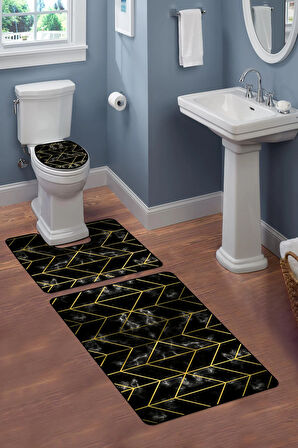 Modern Desenli Dijital Baskı 3’lü Banyo Paspas Takımı Yıkanabilir Kaymaz Tabanlı Klozet Takımı KLZ0050