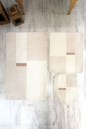 Bambu Kumaş Kaymaz Tabanlı Yıkanabilir 3'lü Klozet Takımı Dijital Baskı Banyo Paspas Seti BKLZ0001