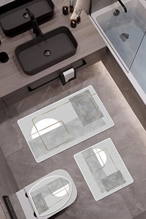 Bambu Kumaş Kaymaz Tabanlı Yıkanabilir 3'lü Klozet Takımı Dijital Baskı Banyo Paspas Seti BKLZ0002