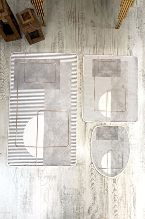 Bambu Kumaş Kaymaz Tabanlı Yıkanabilir 3'lü Klozet Takımı Dijital Baskı Banyo Paspas Seti BKLZ0002