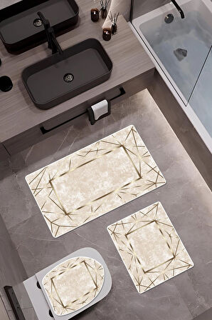 Bambu Kumaş Kaymaz Tabanlı Yıkanabilir 3'lü Klozet Takımı Dijital Baskı Banyo Paspas Seti BKLZ0003