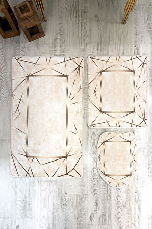 Bambu Kumaş Kaymaz Tabanlı Yıkanabilir 3'lü Klozet Takımı Dijital Baskı Banyo Paspas Seti BKLZ0003