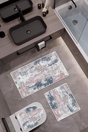 Bambu Kumaş Kaymaz Tabanlı Yıkanabilir 3'lü Klozet Takımı Dijital Baskı Banyo Paspas Seti BKLZ0004