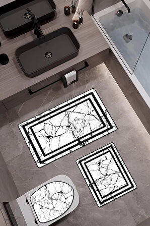 Bambu Kumaş Kaymaz Tabanlı Yıkanabilir 3'lü Klozet Takımı Dijital Baskı Banyo Paspas Seti BKLZ0005