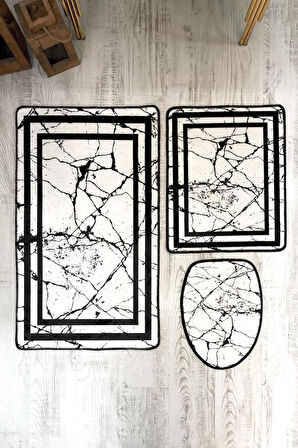 Bambu Kumaş Kaymaz Tabanlı Yıkanabilir 3'lü Klozet Takımı Dijital Baskı Banyo Paspas Seti BKLZ0005