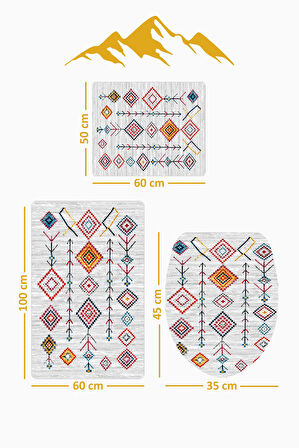 Bambu Kumaş Kaymaz Tabanlı Yıkanabilir 3'lü Klozet Takımı Dijital Baskı Banyo Paspas Seti BKLZ0006