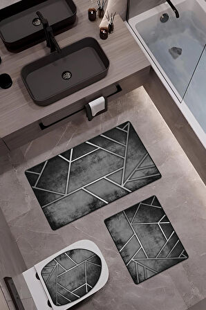 Bambu Kumaş Kaymaz Tabanlı Yıkanabilir 3'lü Klozet Takımı Dijital Baskı Banyo Paspas Seti BKLZ0007