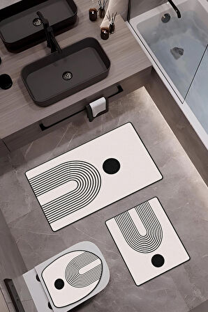 Bambu Kumaş Kaymaz Tabanlı Yıkanabilir 3'lü Klozet Takımı Dijital Baskı Banyo Paspas Seti BKLZ0008