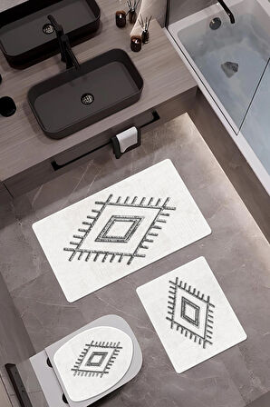 Bambu Kumaş Kaymaz Tabanlı Yıkanabilir 3'lü Klozet Takımı Dijital Baskı Banyo Paspas Seti BKLZ0009