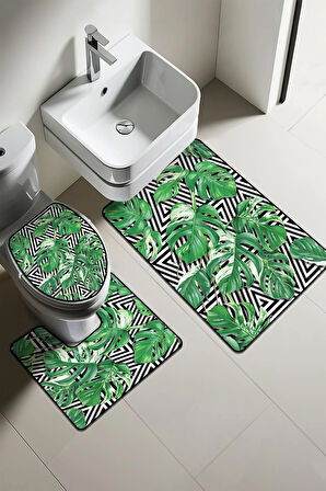 Modern Desenli Dijital Baskı 3’lü Banyo Paspas Takımı Yıkanabilir Kaymaz Tabanlı Klozet Takımı KLZ0051