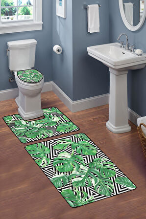 Modern Desenli Dijital Baskı 3’lü Banyo Paspas Takımı Yıkanabilir Kaymaz Tabanlı Klozet Takımı KLZ0051