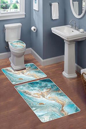 Modern Desenli Dijital Baskı 3’lü Banyo Paspas Takımı Yıkanabilir Kaymaz Tabanlı Klozet Takımı KLZ0052