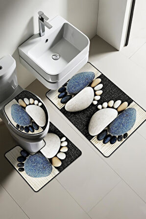 Modern Desenli Dijital Baskı 3’lü Banyo Paspas Takımı Yıkanabilir Kaymaz Tabanlı Klozet Takımı KLZ0054