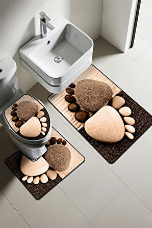 Modern Desenli Dijital Baskı 3’lü Banyo Paspas Takımı Yıkanabilir Kaymaz Tabanlı Klozet Takımı KLZ0055