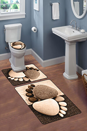 Modern Desenli Dijital Baskı 3’lü Banyo Paspas Takımı Yıkanabilir Kaymaz Tabanlı Klozet Takımı KLZ0055