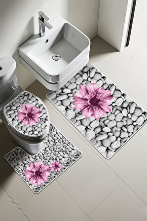 Modern Desenli Dijital Baskı 3’lü Banyo Paspas Takımı Yıkanabilir Kaymaz Tabanlı Klozet Takımı KLZ0060