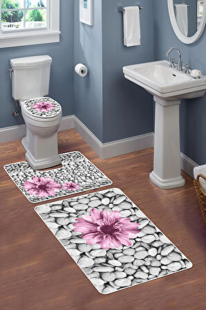 Modern Desenli Dijital Baskı 3’lü Banyo Paspas Takımı Yıkanabilir Kaymaz Tabanlı Klozet Takımı KLZ0060