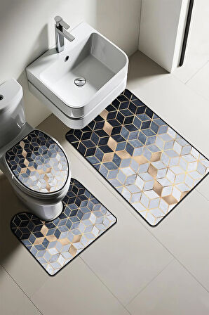 Modern Desenli Dijital Baskı 3’lü Banyo Paspas Takımı Yıkanabilir Kaymaz Tabanlı Klozet Takımı KLZ0061