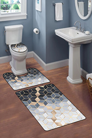 Modern Desenli Dijital Baskı 3’lü Banyo Paspas Takımı Yıkanabilir Kaymaz Tabanlı Klozet Takımı KLZ0061