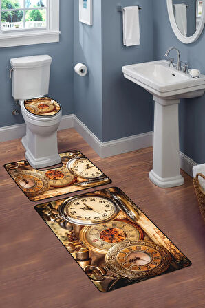 Modern Desenli Dijital Baskı 3’lü Banyo Paspas Takımı Yıkanabilir Kaymaz Tabanlı Klozet Takımı KLZ0063