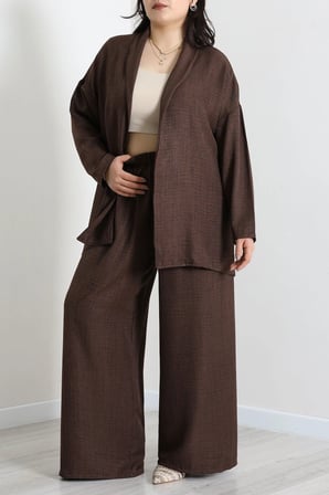 Modi Green Büyük Beden Keten Kumaş Uzun Kol Kimono Takım Acıkahve - 71729.2034.