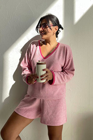 V Yaka Pembe Yumoş Şort Takım