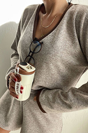 V Yaka Kahverengi Yumoş Şort Takım