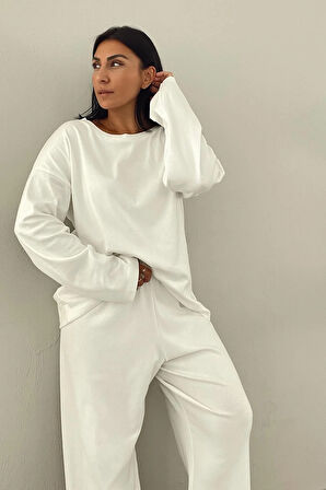 Bisiklet Yaka Ekru Oversize Penye Takım
