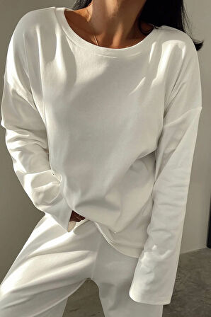 Bisiklet Yaka Ekru Oversize Penye Takım