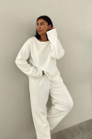 Bisiklet Yaka Ekru Oversize Penye Takım