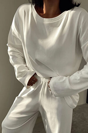 Bisiklet Yaka Ekru Oversize Penye Takım