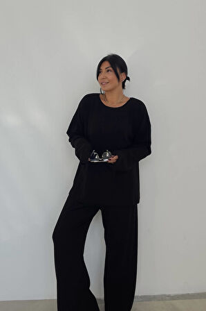 Bisiklet Yaka Siyah Oversize Penye Takım