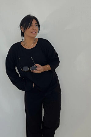 Bisiklet Yaka Siyah Oversize Penye Takım