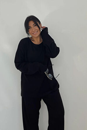 Bisiklet Yaka Siyah Oversize Penye Takım