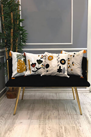Nakışlı Püsküllü Dekoratif Kırlent Kılıfı Takımı (4 Parça - 43x43 cm) NKK006
