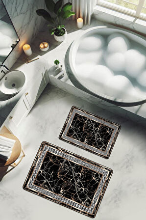 Yıkanabilir Kaymaz Tabanlı Modern Desenli 2'li Banyo Paspas Takımı BPS0002