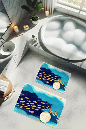 Yıkanabilir Kaymaz Tabanlı Modern Desenli 2'li Banyo Paspas Takımı BPS0004