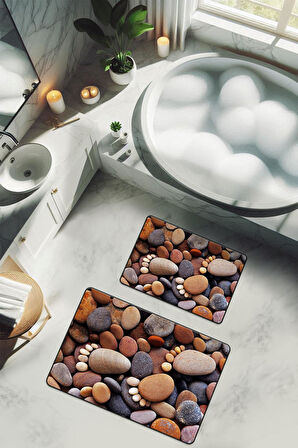 Yıkanabilir Kaymaz Tabanlı Modern Desenli 2'li Banyo Paspas Takımı BPS0005